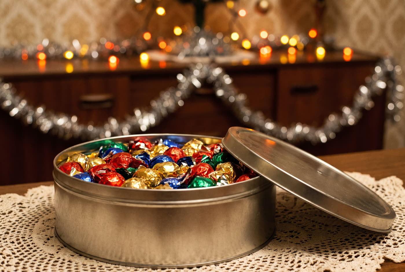 The smell of a freshly opened tin of Quality Street at Christmas